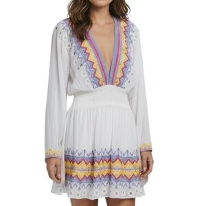 NWT RAMY BROOK White Embroidery Long Sleeve Plunge Coverup Dress Size Large
